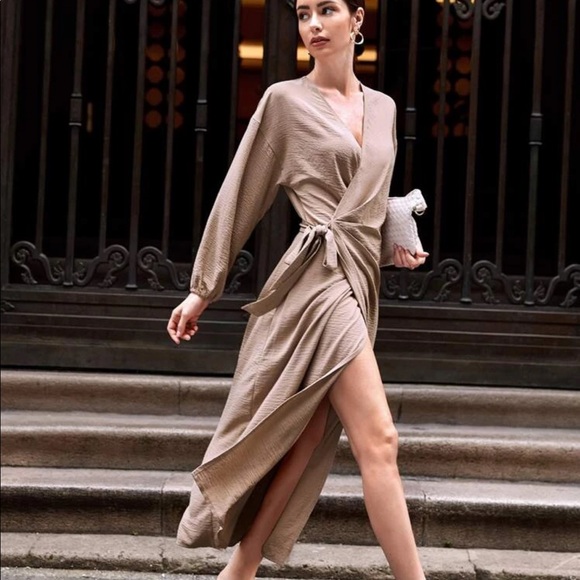 Dresses & Skirts - maxi wrap dress v neck slit silky tan nude